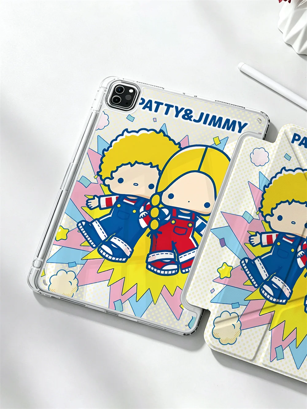 Kawaii Patty&Jimmy Cartoon Y-fold Double Print Case For iPad Air6/7/8 Pro11 2020-2022 Air4/5 10 iPad7/8/9 Air3 A16 Pen Slot Shoc