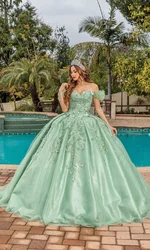 Off the Shoulder Sweetheart with Appliques Quinceanera Dresses Tulle Ball-Gown Floor Length Adult Graduation Dresses For Women