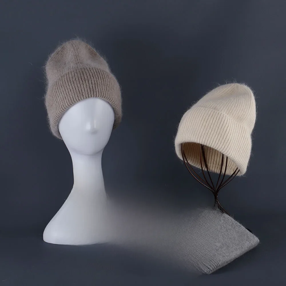 Czapka z futra królika Miękka, ciepła, puszysta czapka zimowa dla kobiet Angora Dzianinowa czapka Skullies Czapka damska Ciepła czapka z dzianiny dla kobiet — zdjęcie 2