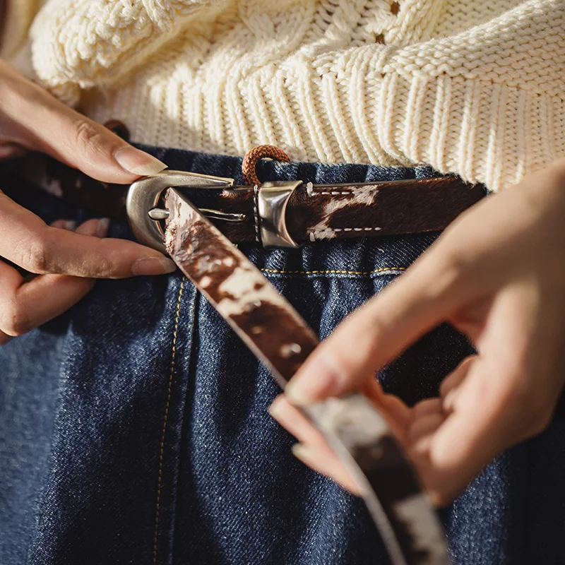 حزام جلد نسائي من Maden عتيق بطبعة الفهد الأسود وحزام من جلد البقر الضيق مع إبزيم دبوس وإكسسوارات خصر نسائية عصرية