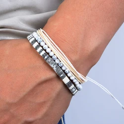 3pcs/set Men's Braided Bracelet Set, Natural Stone Couple's Bracelet, Bohemian Ethnic Cotton and Linen Hand-woven Bracelet