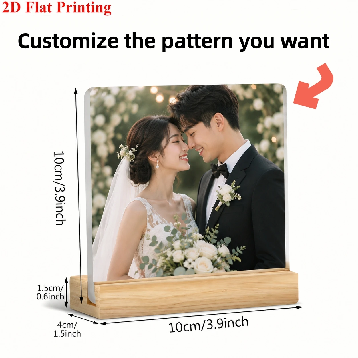 A custom acrylic desktop decoration with personalized photo options, including artistic images, couple portraits, and family pho