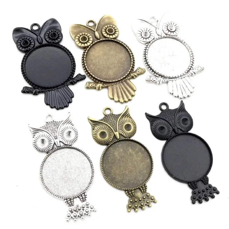 Nowa moda 5 sztuk 25mm wewnętrzna rozmiar antyczne srebro pozłacane brąz czarny styl sowa Cabochon baza ustawienie Charms wisiorek — zdjęcie 2