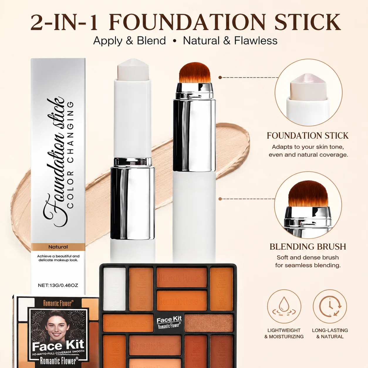 2-in-1 Color-Adapting Foundation Stick with Blending Brush and Warm Tone Eyeshadow Palette Makeup Set Novice beauty set
