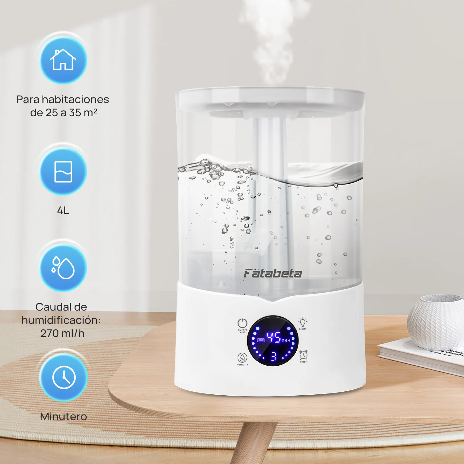 Humidificador ultrasónico silencioso de 4L con niebla fría - Pantalla LED, control inteligente con temporizador, apagado automático - Dormitorio/Sala de estar/Oficina