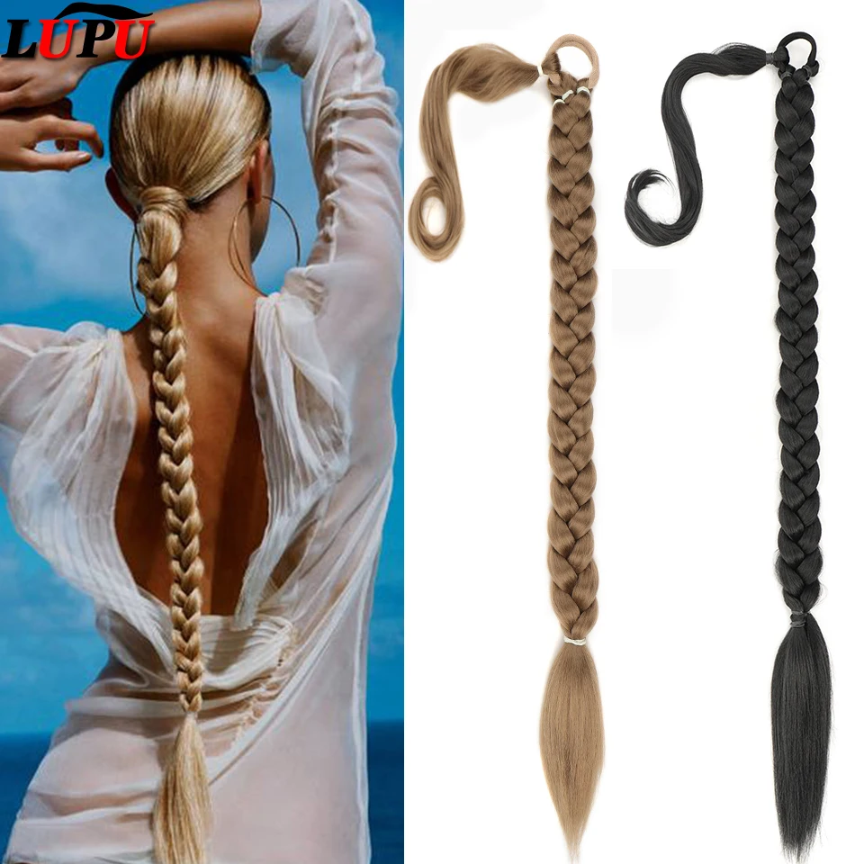 

LUPU Synthetic Ponytail Extensions Boxing Braids Wrap Around Pony Tail With Rubber Band Hair Ring Brown Ombre Braid DIY For Wome