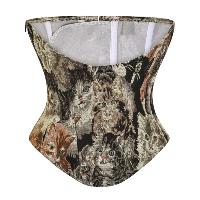 Czarny nadruk z kotem zamek gotycki gorset Underbust odchudzanie talii Cincher Shapewear kobiety Steampunk ubrania Sexy Corpete Feminino — zdjęcie 2