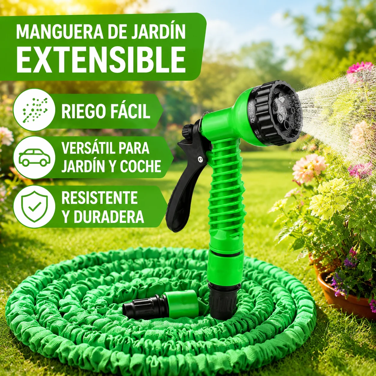1 Pieza Manguera de Jardín Extensible Verde con Pistola Riego, Kit Completo 5-15m / 10-30m / 15-45m, 7 Modos de Riego Ajustables, Resistente y Versátil para Riego, Limpieza y Lavado de Coche