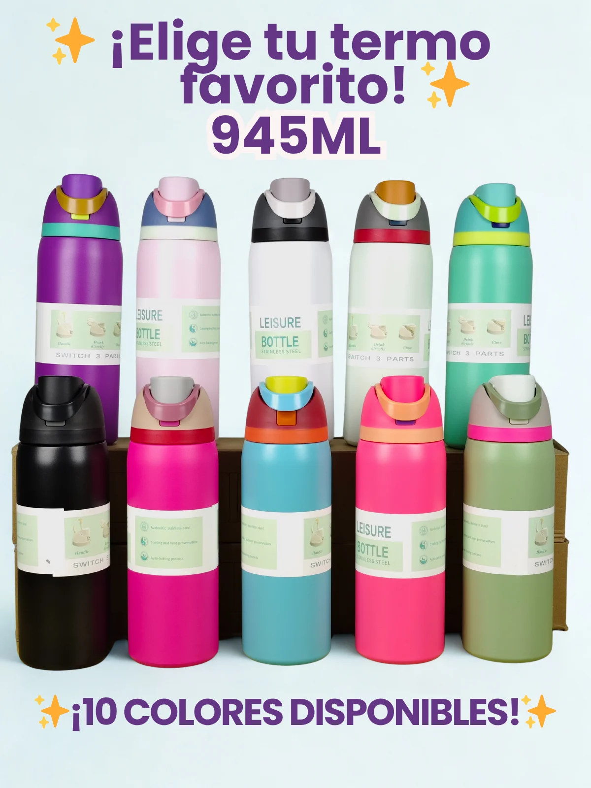 Botella/Termo De Acero Inoxidable con agarradera y popote, FAB-21, Termo portátil de 945ML, para la oficina, Botella para Gym, Botella con aislante térmico, Termo Para bebidas frías o calientes