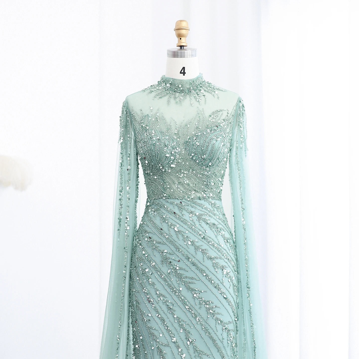 Sharon Said Luxuriöse Schwarze Nude Meerjungfrauen-Abendkleider mit Cape-Ärmeln, Hochgeschlossenem Kragen, Dubai Hochzeits-Party-Formelle Kleider SS162 Maßanfertigung – Detail 19