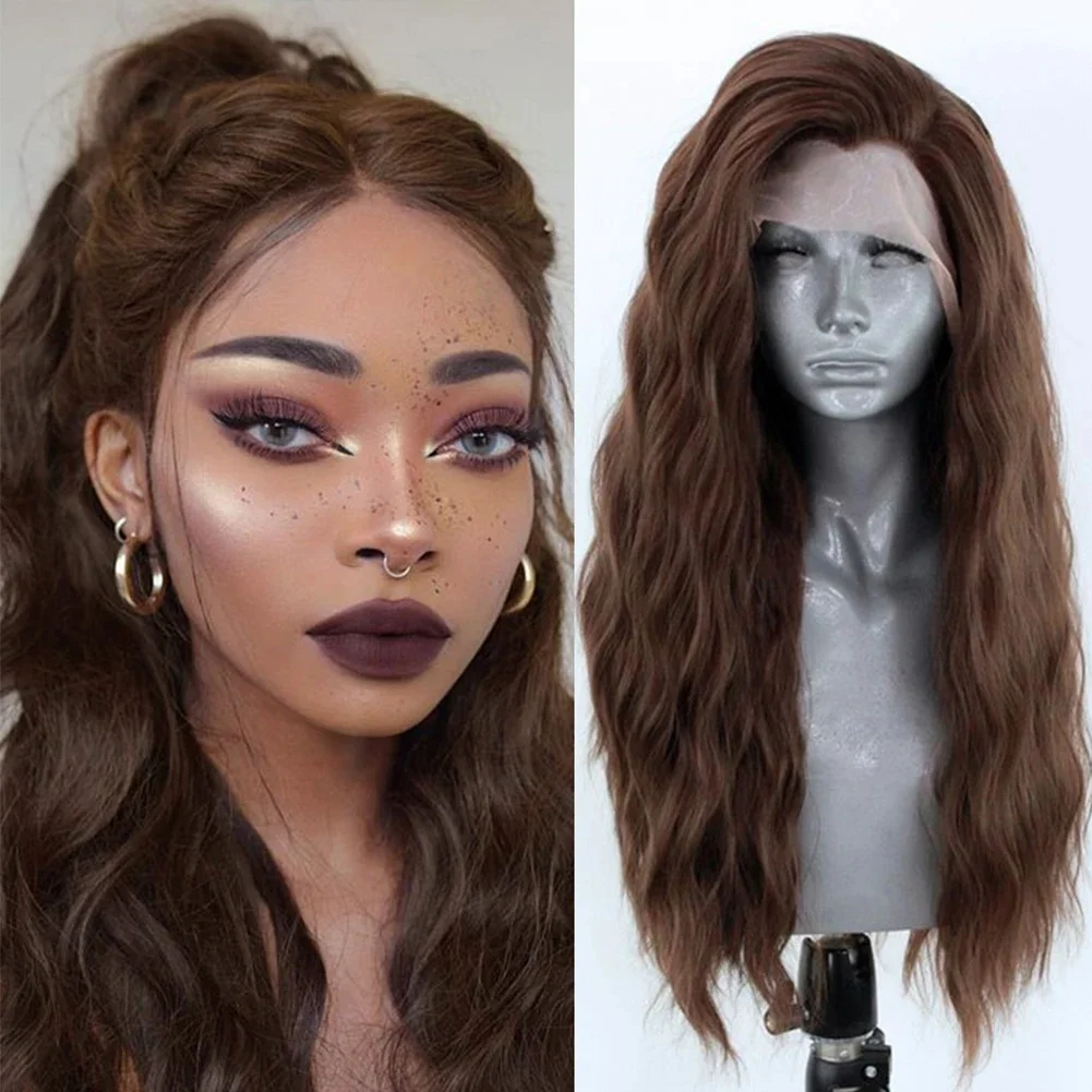 AIMEYA Lange gewellte synthetische Lace-Front-Perücke, synthetische braune Haarperücke, Spitzenperücken für Frauen, natürlicher Haaransatz, Cosplay-Frontal-Perücken