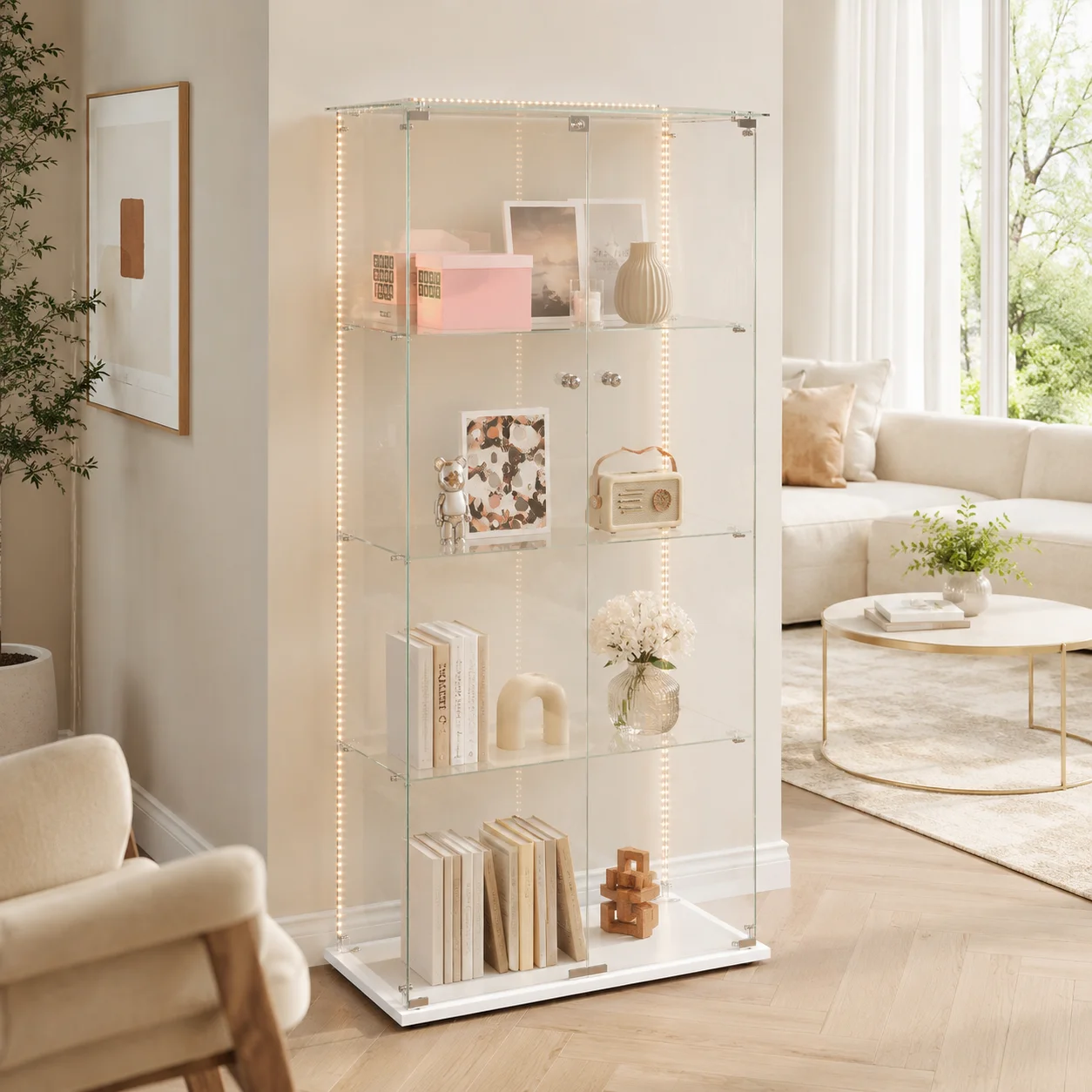Vitrine en Verre, vitrine sur pied avec serrure et 3 étagères en verre, armoire d’exposition transparente, meuble vitrine collection pour salon bureau couloir, figurines livres trophées objets déco maison moderne élég