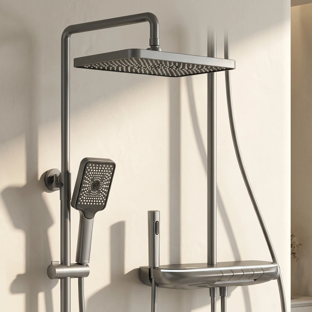 Thermostatic Shower System Digital Display Piano Button Ambient Light 320mm Rain Shower Head Glass Shelf Bidet Spray Gun Set