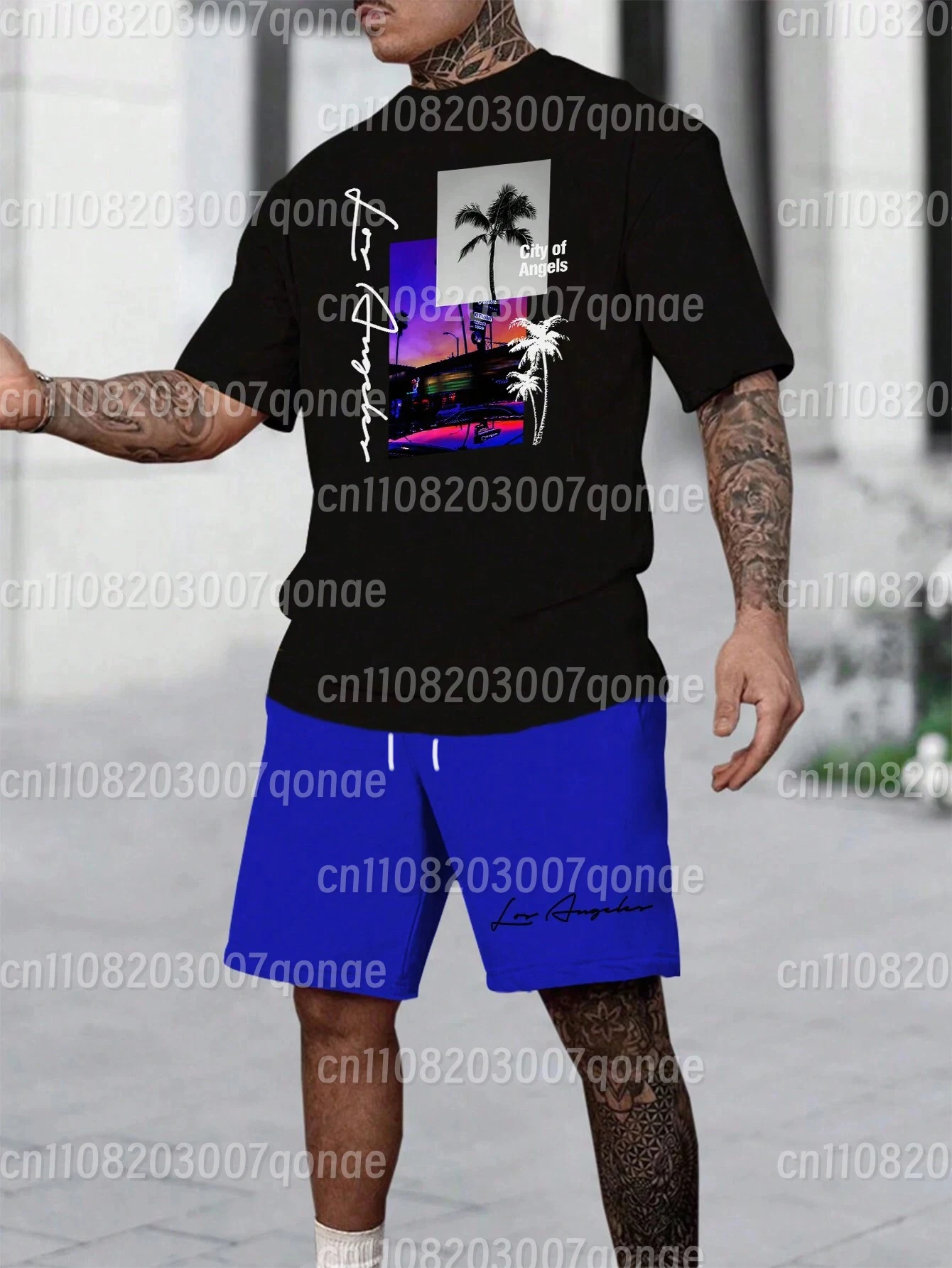 Ensemble de vêtements de sport d'été pour hommes : T-shirt rayé à lettres à manches courtes et short décontracté – Tenue de voyage et d'entraînement deux pièces