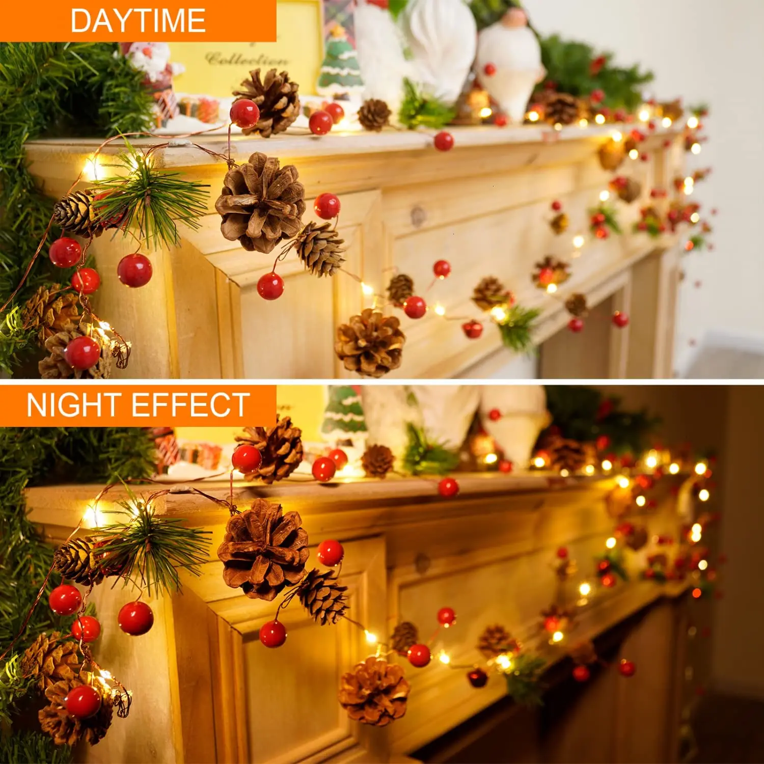 1 piece, Christmas decorative light string, green pine needle (plastic pine cone) mushroom light decoration, New Year decoration