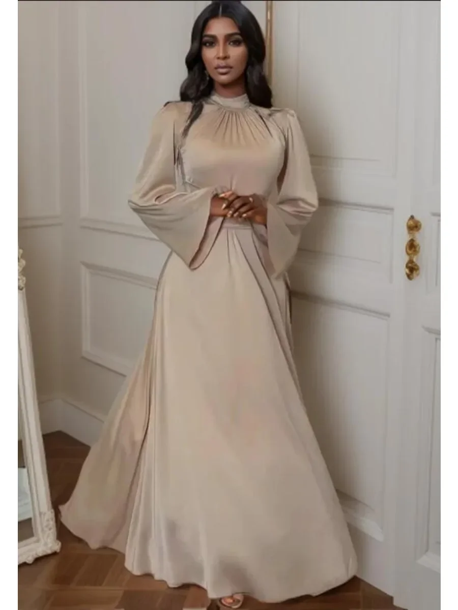 Eid Muslim Party Dress for Women Ramadan Abaya Long Dress Belt Bandage Satin Morocco Vestidos Largos Dubai Robe Jalabiya 2024 — zdjęcie 2