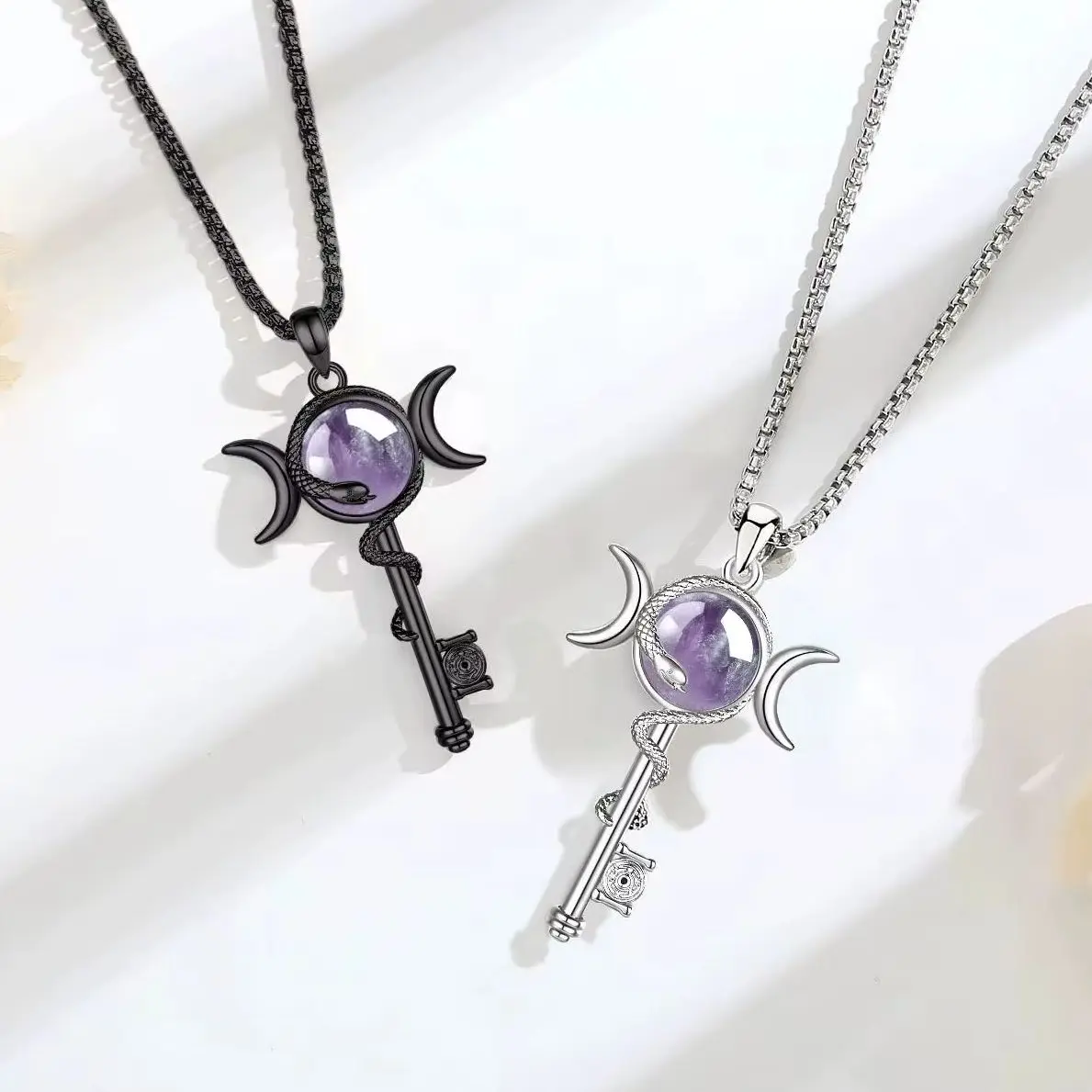 Eudora Hecate Wheel Key Amethyst Necklace Triple Moon Goddess Snake Amulet Pendant Wicca Spiritual Jewelry Gift for Women Men