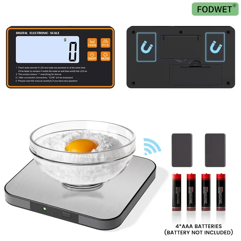 Digital Food Scale with Independent Display, 10kg Ultra-Large Capacity Kitchen Scale, Perfect for Weight Loss and Cooking. Stainless Steel Scale Tray and Display Work Independently. the Maximum Connection Distance Is up to 5m Meters. Requires 4*Aaa Batteries (Not Included)