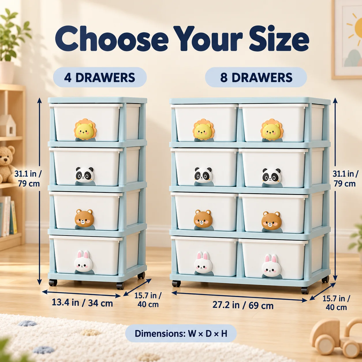 4/8-Drawer Rolling Storage Cabinet with Animal Handles, Plastic Organizer for Toys and Clothes, Single or Double Column