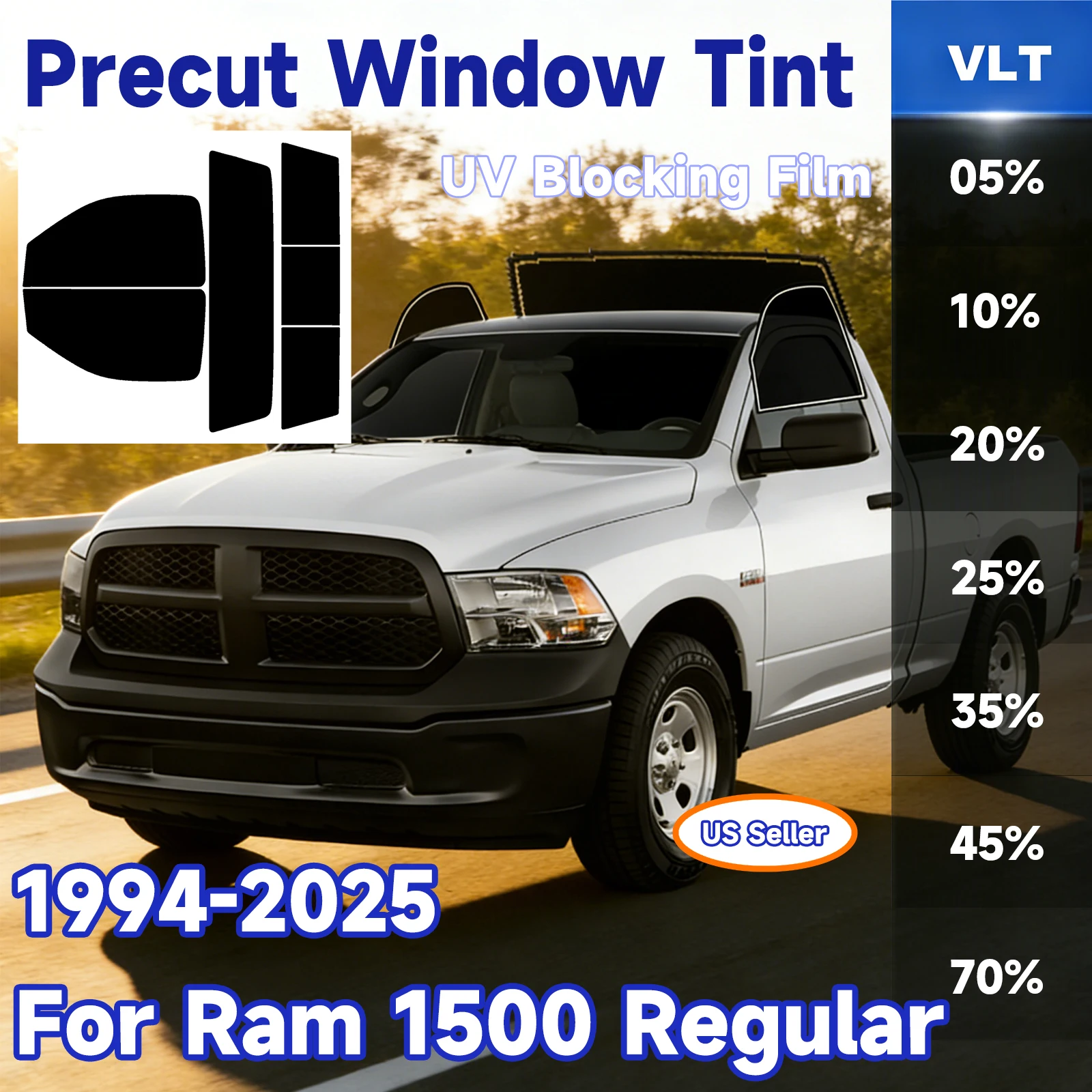 

Precut Windows Tint Film Sun Blocking Protection Privacy Anti Shatter Glass 2 Ply Film Shade Kit for Ram 1500 Regular 1994-2025