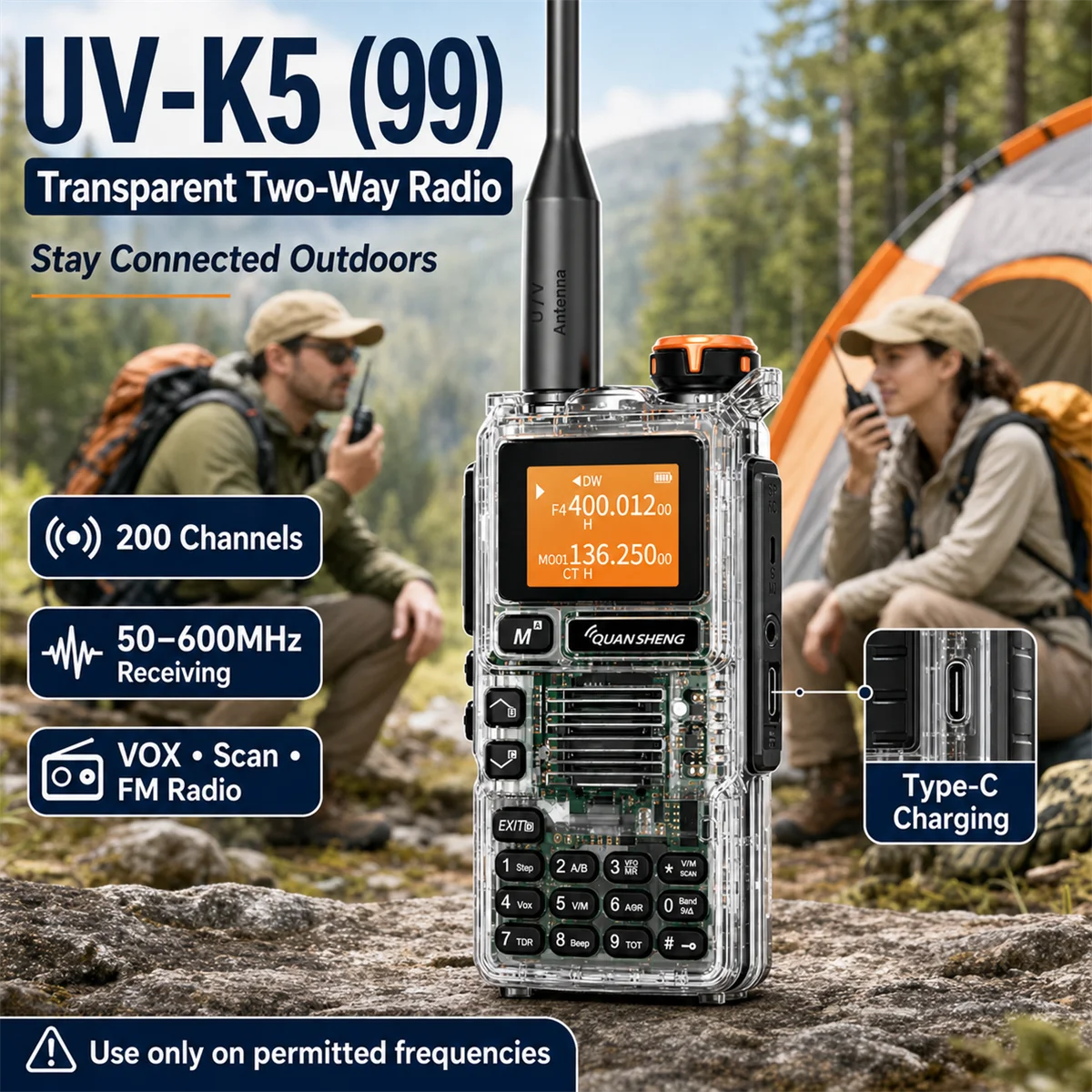 Quansheng UV-K5(99) 5W Air Band Walkie Talkie Type-C Rechargeable UHF VHF DTMF FM Scrambler NOAA Two Way CB Radio