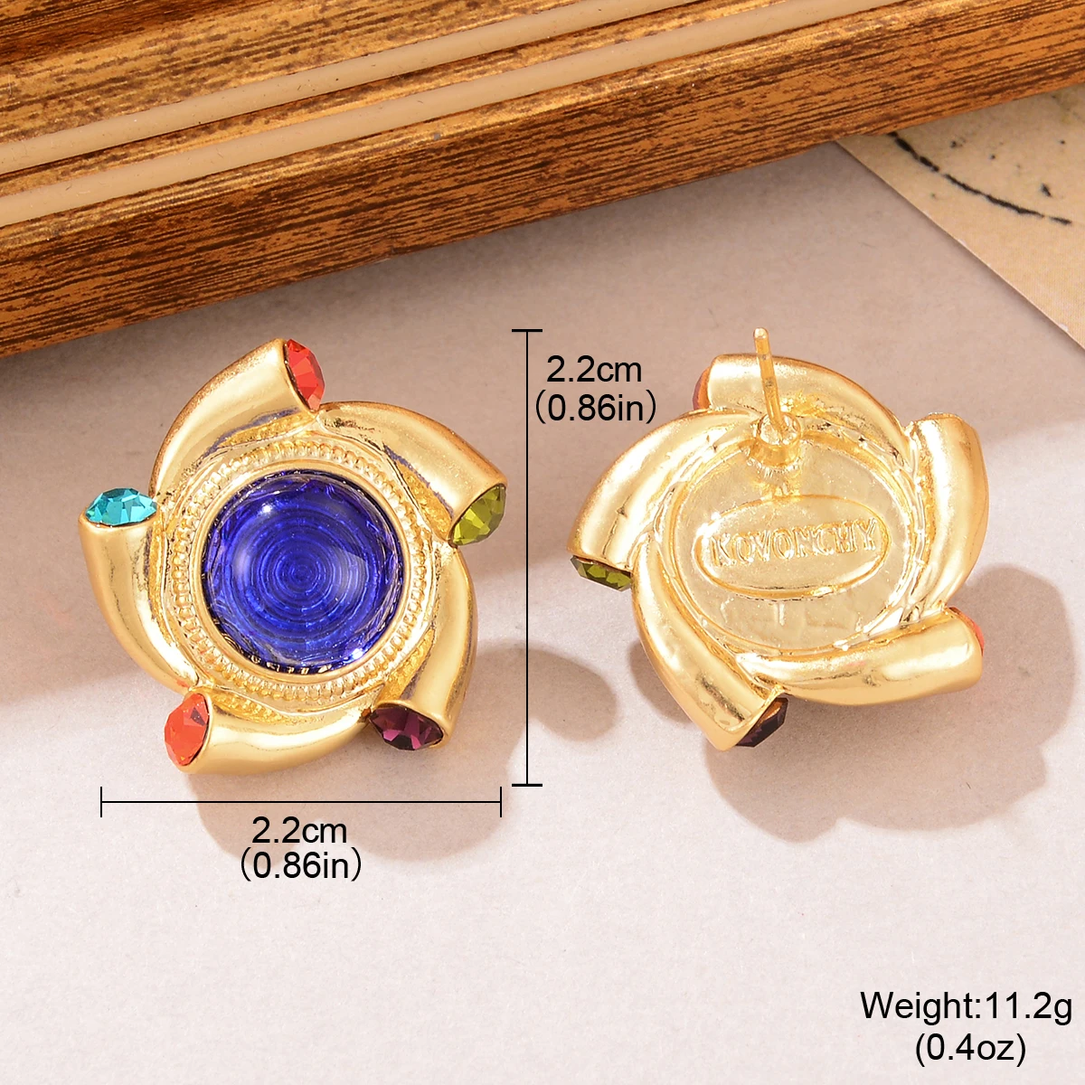 Vintage Luxury Gold Color Stud Earrings for Women Big Blue Glass Stone Exaggerated Trend Jewelry Wedding Gift