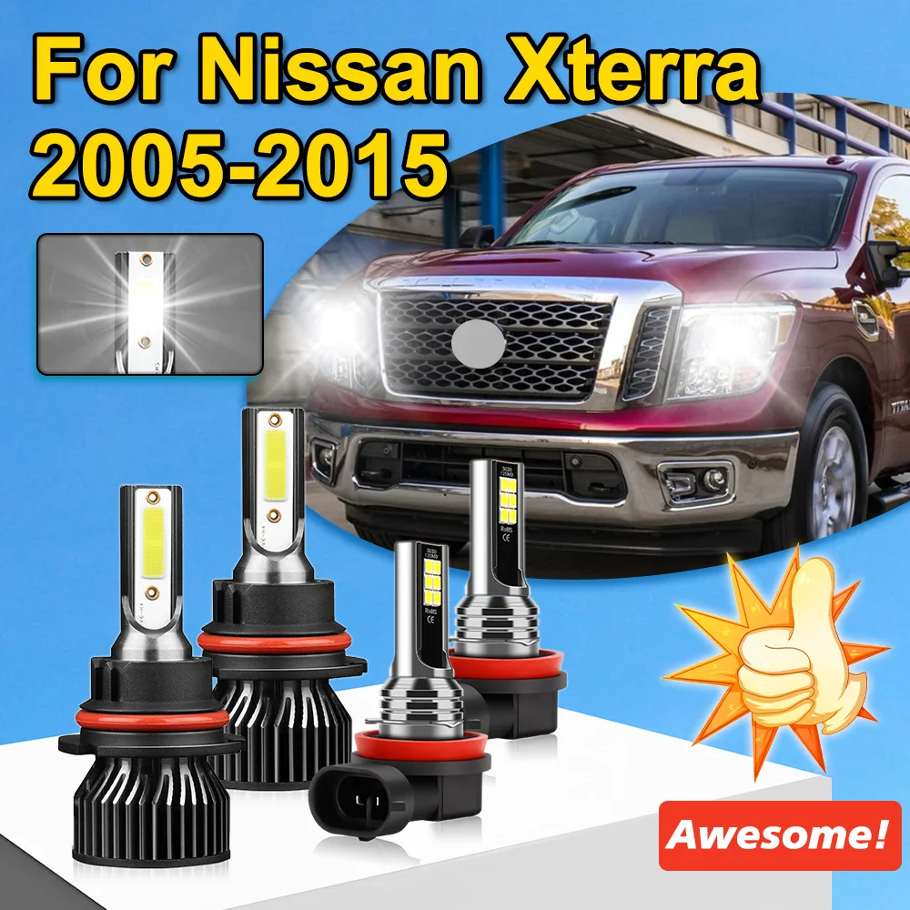 

4Pcs 6000K LED Headlight Bulb 120W 9007 High Low Beam+H11 Fog Lamp Turbo Lamp For Nissan Xterra 2005-2015 Built In Driver IP68