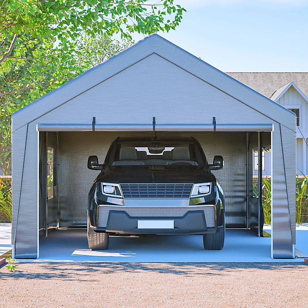 Tentgarage met waterdichte zijpanelen, roldeuren, UV-bescherming, 6x4x3 meter autoluifel en tuinopslagtent met ramen, grijs