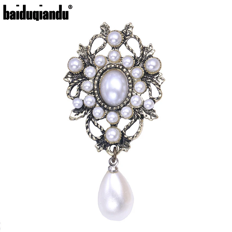 Baiduqiandu Vintage Simulated Pearls Drop Brooches For Women Men Antique Silver Plated Clothes Pins