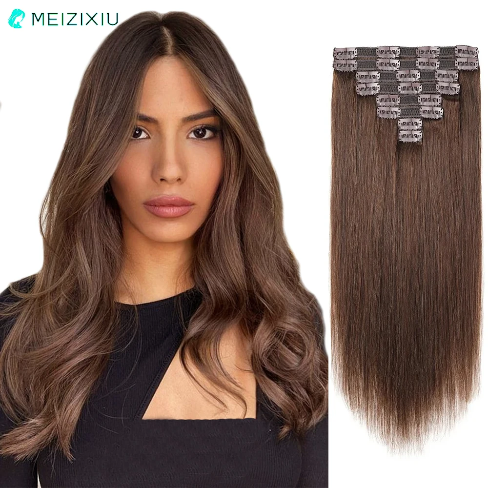 Extensiones de cabello humano con Clip para mujer, cabello Real con encaje, cabeza completa, marrón, liso, 8 piezas, 120g