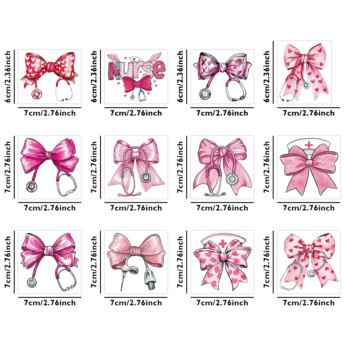 12pcs Nurse's Day Theme Design Pink Bow Transfer Uv Dtf Cup Wrap Stickers For Glass Water Bottle Party Supplies Diy Crafts Decor