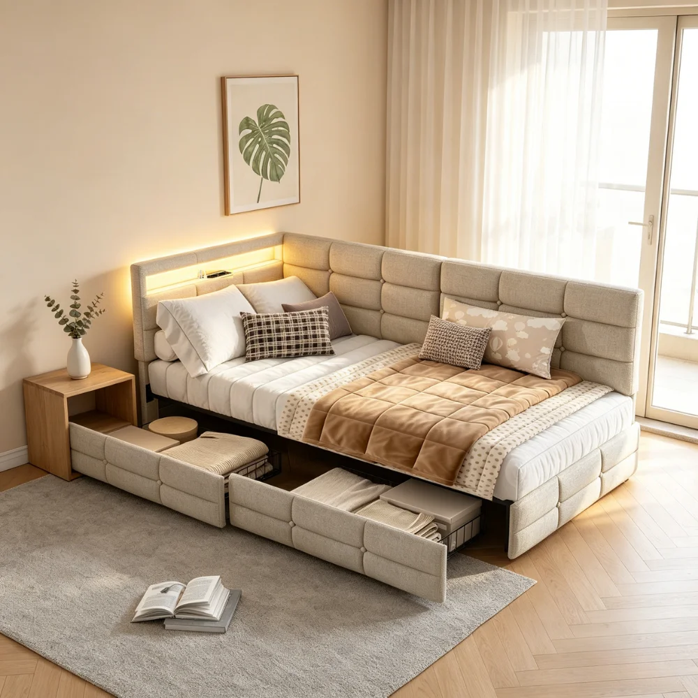 Sofá cama de 90x200 cm con iluminación LED regulable y puerto USB, cama tapizada con espacio de almacenamiento y cabecero reversible (izquierda/derecha), cama individual en lino beige para niñas, colchón no incluido.