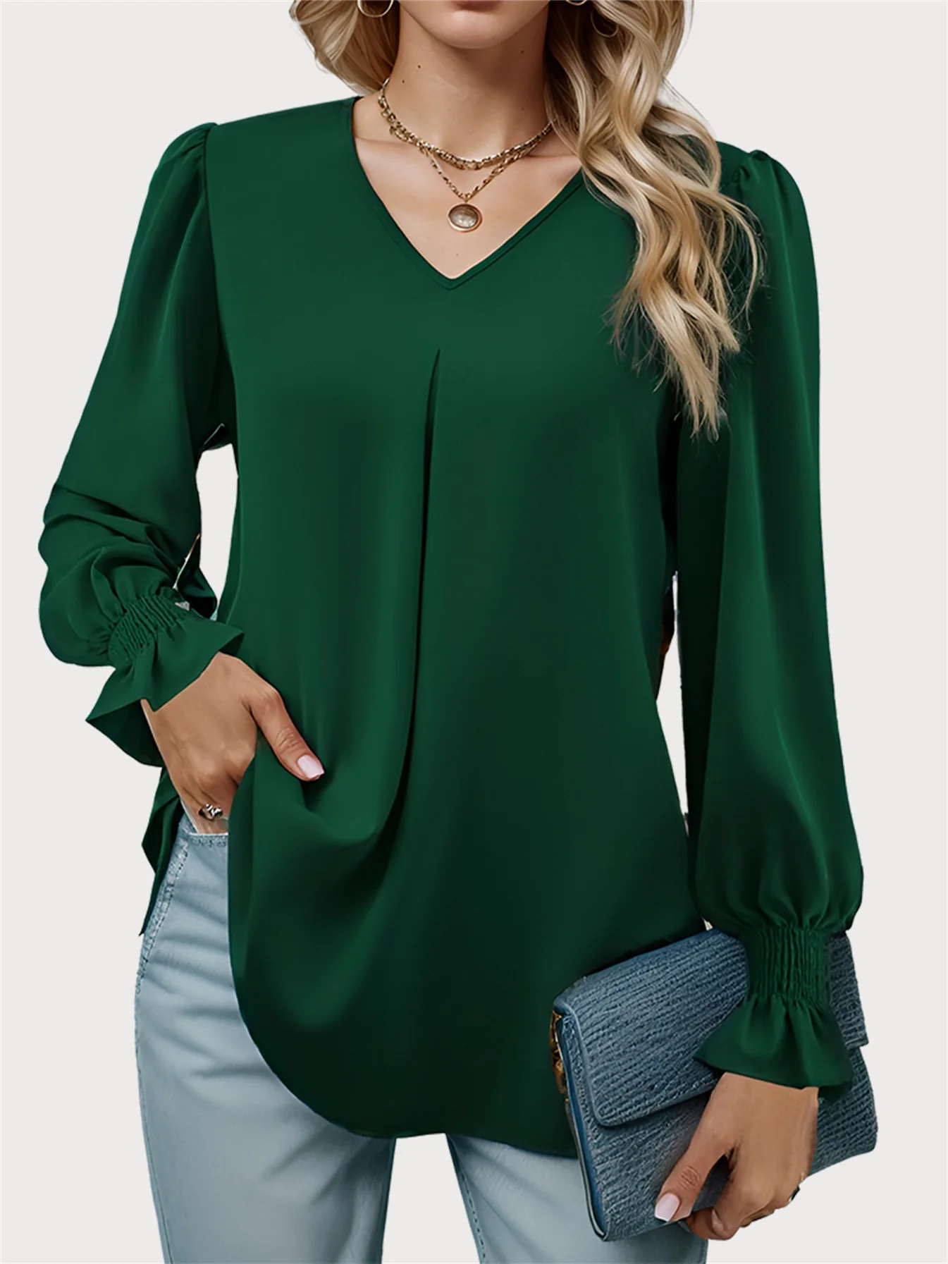 Women's V-Neck Lantern Long Sleeve Pleated Casual Loose Shirt