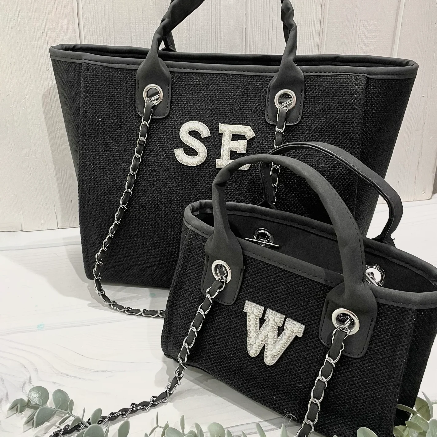 Personalized Black Tote Bag Bride Tote Pearl Letters Honeymoon Bag Mother\'s day Gifts for Her Birthday Bridal Shower Gift