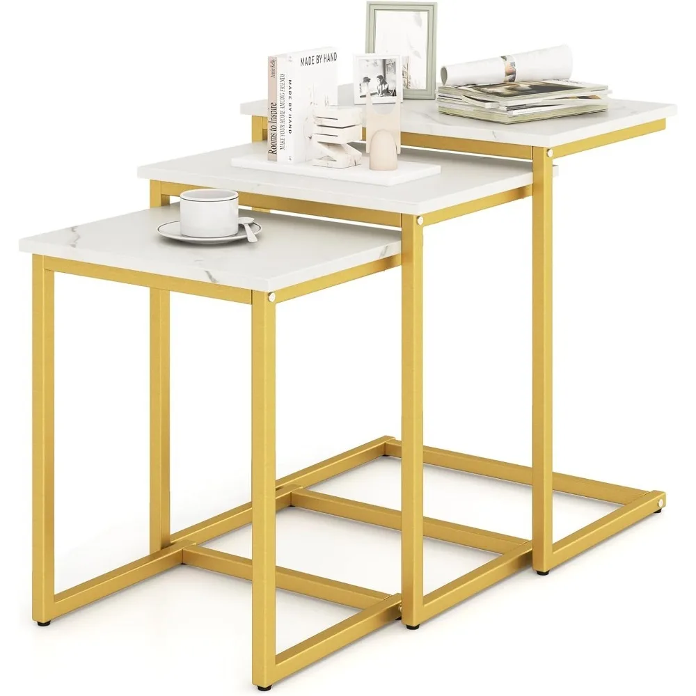 

Nesting Coffee Tables Set of 3, Rectangular Nesting Center Table with Faux Marble Top & Metal Frame, Modern C-Shaped Nested Side