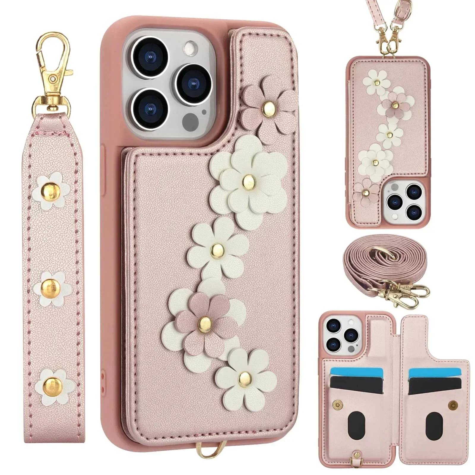 Etui na iPhone'a 16 15 14 Pro Max Plus, portfel z uchwytem na kartę, urocza torebka na ramię w kwiaty, magnetyczna osłona z podpórką — zdjęcie produktu 7