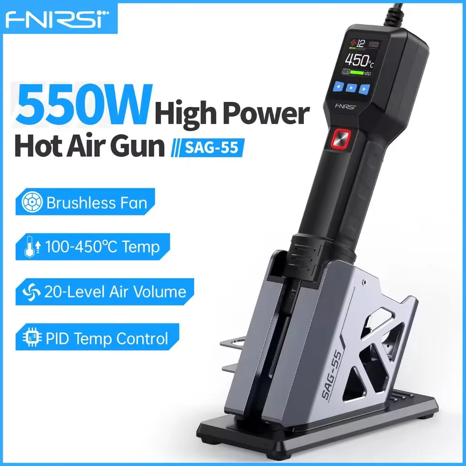 FNIRSI SAG-55 550W Heißluftpistole mit Ständer, LCD-Digital-Heißluftgebläse, einstellbare Temperatur, Heißluftgerät für Telefonreparaturen und Ölbehandlungen