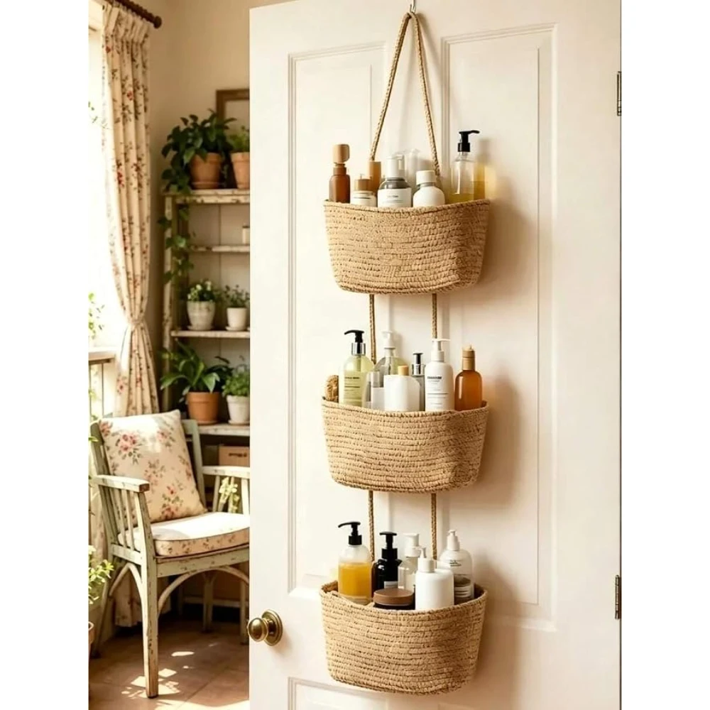 Woven Jute 3-Tier Hanging Basket Wall-Mounted Bathroom Organizer Over the Door Storage, Sturdy Metal Hook, 16 lb Load Capacity, Cotton Rope Construction, Stores Towels & Toiletries