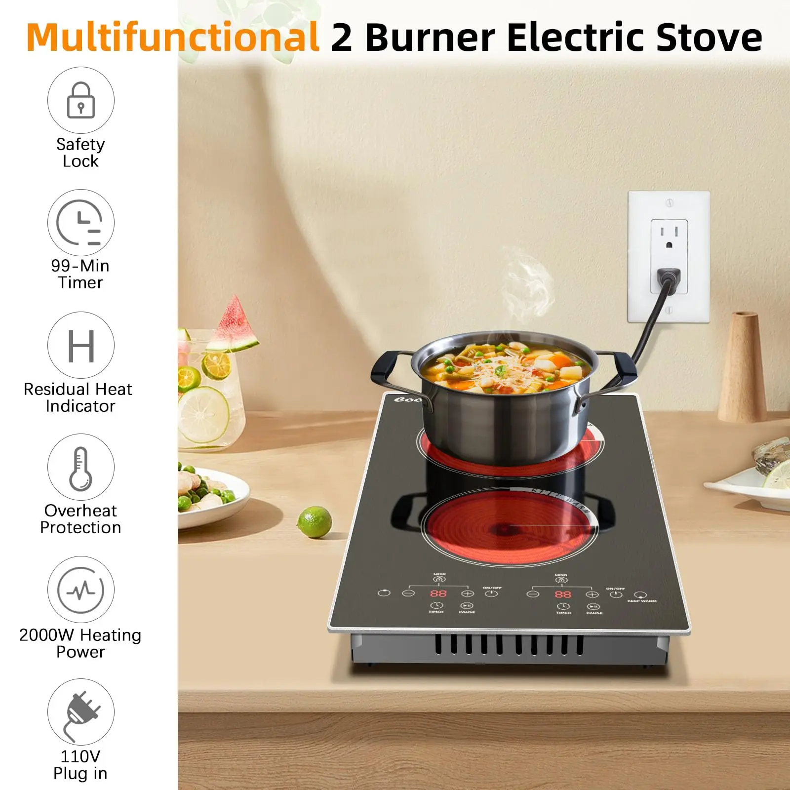 Cooksir 12 นิ้ว 2 Burner เตาไฟฟ้าแบบพกพา,ปลั๊ก 110V พร้อมขอบโลหะเต็มรูปแบบป้องกัน,ล็อคความปลอดภัย,ตัวจับเวลา,เซ็นเซอร์สัมผัส