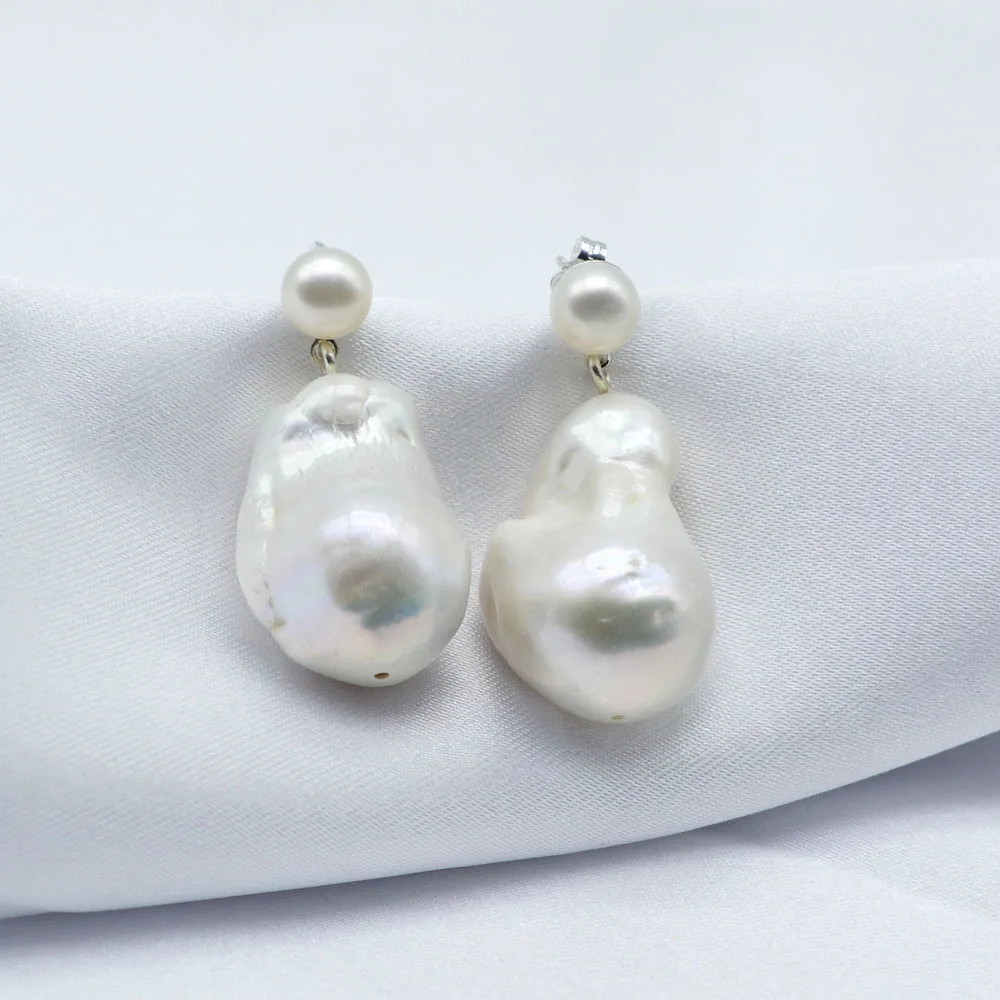 Baroque Pearl Earrings Large Drop Shape White Natural Freshwater Pearl Pendant 925 Sterling Silver Women\'s Earrings