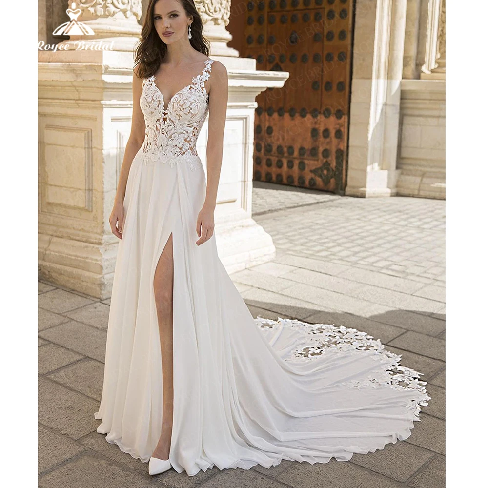 Roycebridal Ivory Boho Deep V-Neck Lace A line Wedding Dresses Customized Chiffon Bridal Gowns Blackless Sweep Floor-Length