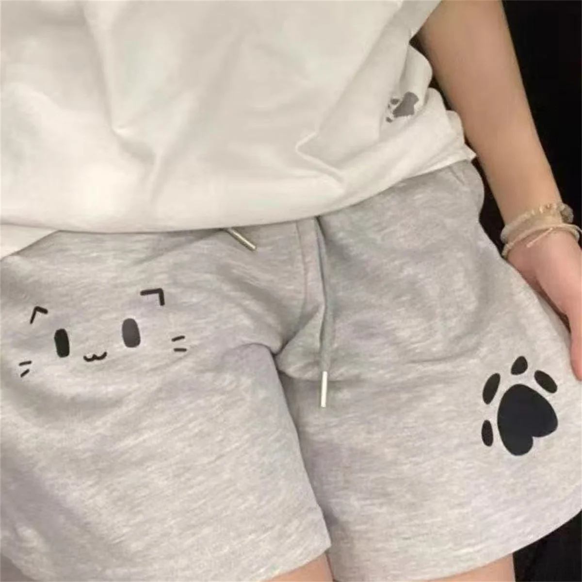 Women Summer Casual Shorts High Waist Black Y2k Kawaii Sweet Cat Print Wide Leg Pants Chic Japanese Pantalones Cortos De Mujer