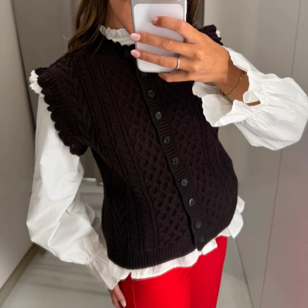 Women Cable Knit Cardigan Vest Dark Brown Round Neck Button Sleeveless Sweater Vintage Base Top Sueter Mujer Autumn 2026