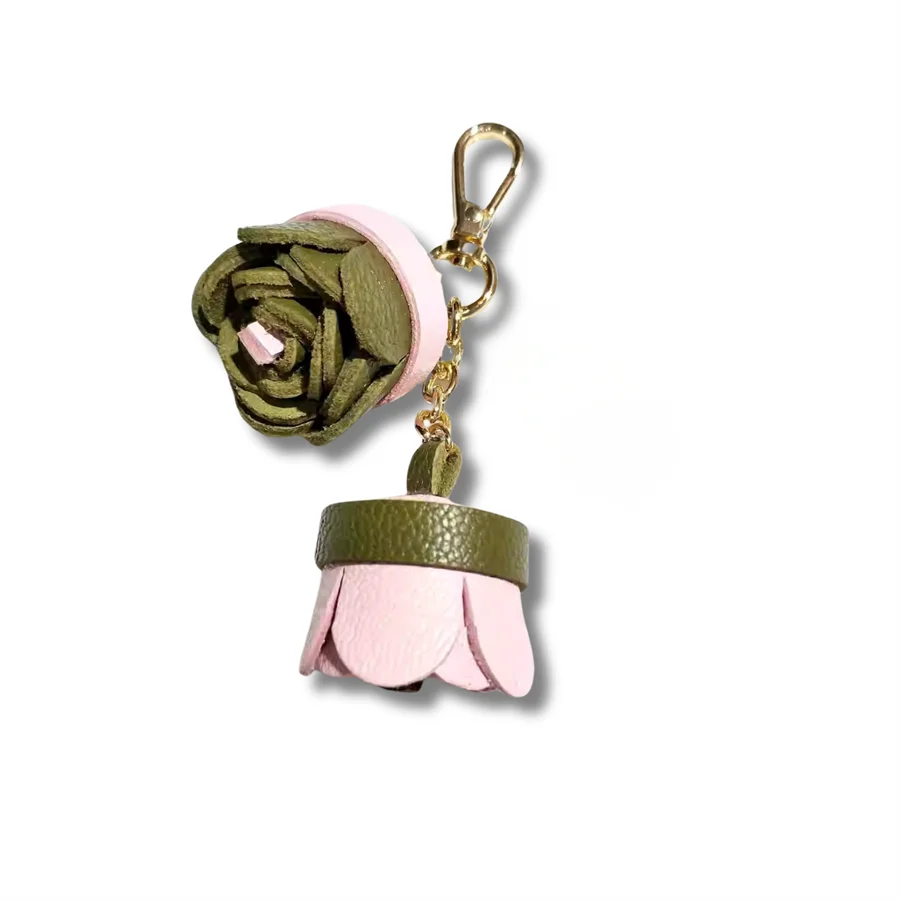 

Genuine Leather Flower Keychain Handmade Rose Bag Charm Green Pink Purse Pendant Gift Elegant Accessory