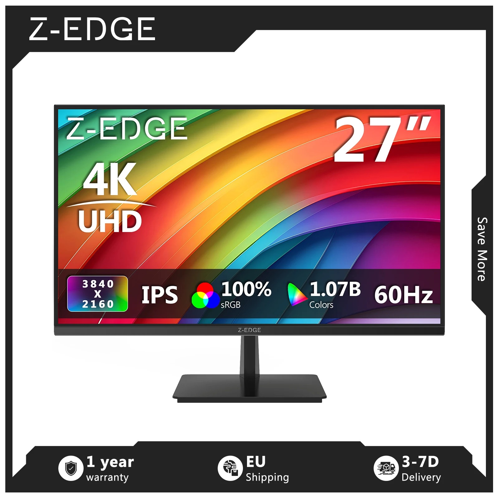 Z-EDGE 27 pouces Moniteur 4K UHD (3840 x 2160) IPS 60 Hz, 100 % sRGB, Luminosité 300 cd/m², Technologies FreeSync et Eye-Care, HDR10, Design à bords ultra-fins, Compatible VESA