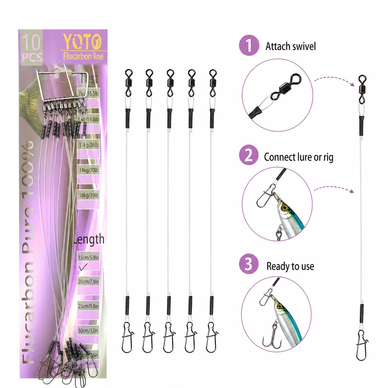 10 SZT. Fluorocarbonowe Przypony Wędkarskie z Krętlikiem i Agrafką, Przezroczysty Zestaw Przyponów, Akcesoria Wędkarskie 15-40cm 7-18kg do Zestawu Przynęt i Akcesoriów Wędkarskich — zdjęcie 5