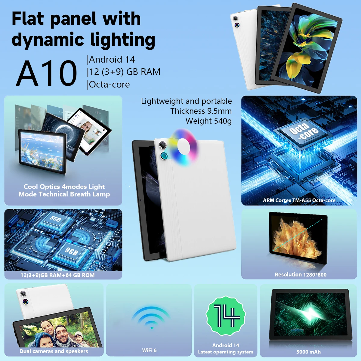 Tablet Android 14 da 10 pollici, A523 Octa Core, 8 GB di RAM + 64 GB di ROM (TF 1 TB), 5000 mAh, sbloccato volto, nero+ set tastiera e mouse, nero