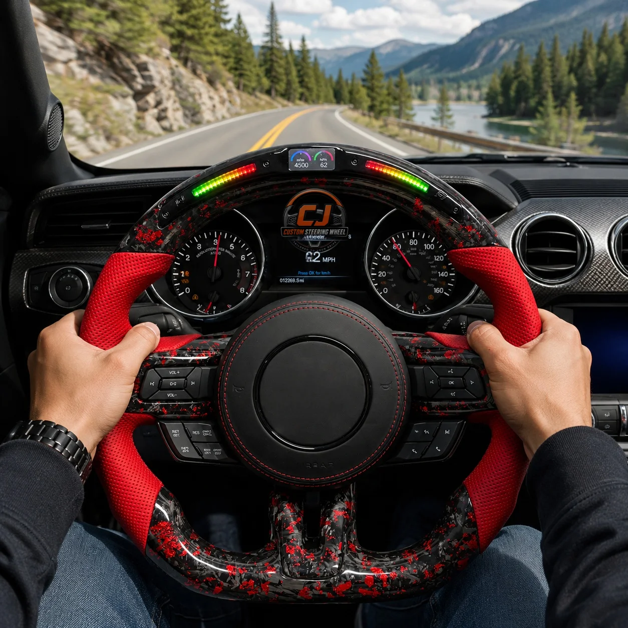 For Ford Mustang GT V6 EcoBoost Shelby GT350 GT500 2015-2023 LED Red Forged Carbon Fiber Perforated Leather Steering Wheel