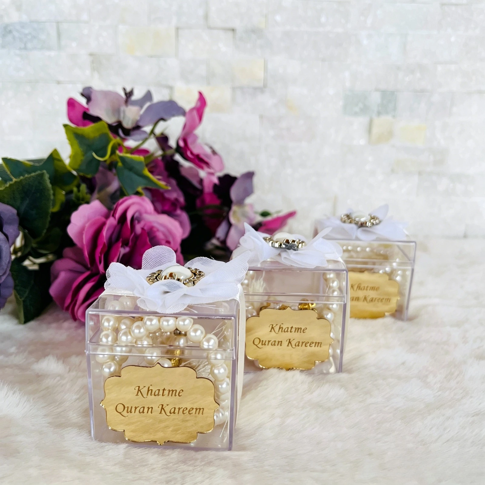 Personalized Acrylic Name Sign Tasbih Gift Box Rhinestone Floral Decor Clear Square Case Muslim Wedding Ramadan Aqiqah Favors