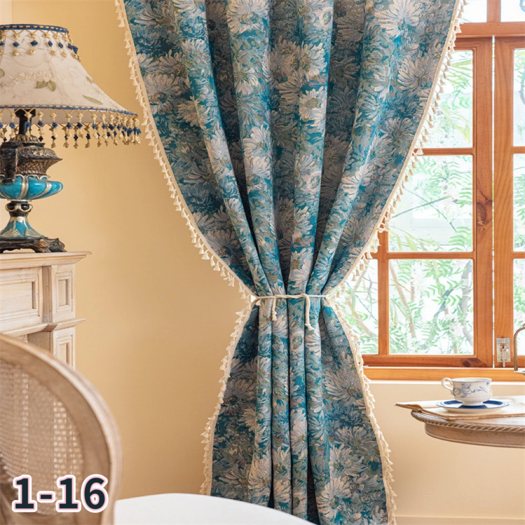 

French blue oil painting Monet garden curtains pastoral style bedroom bay window semi-shading jacquard living room finished curt